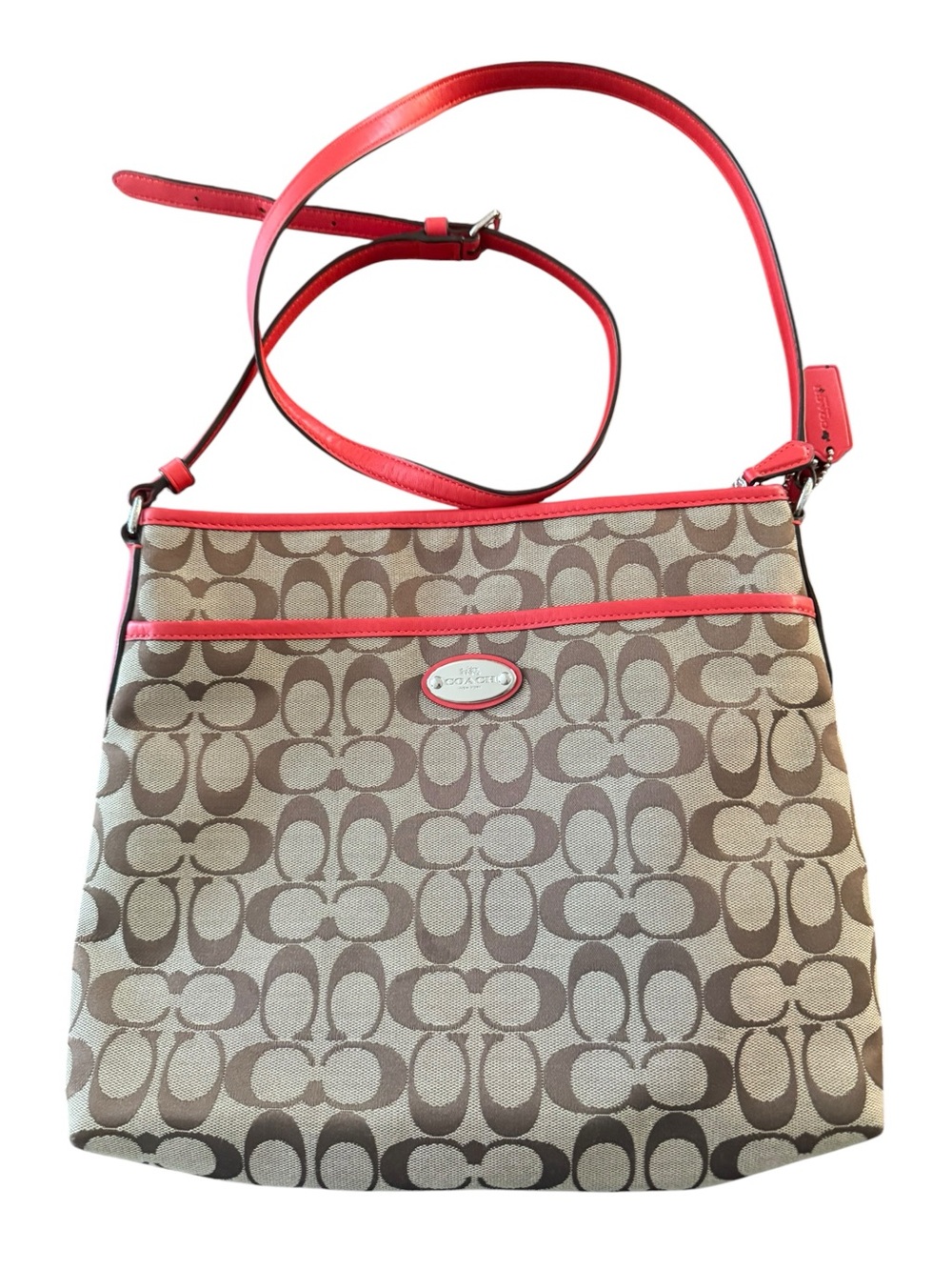 Coach Signature Crossbody Bag in Khaki with Red Trim